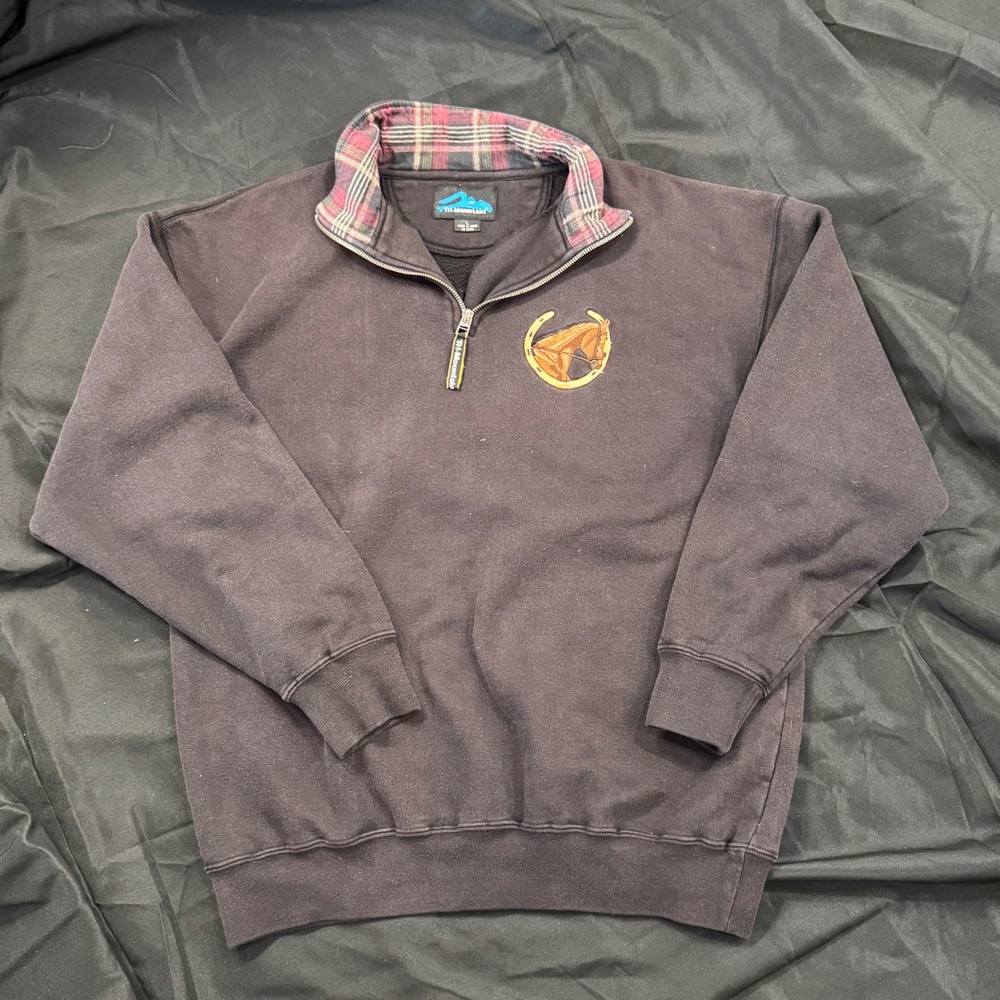 Tri Mountain Quarter Zip Pullover Sweatshirt Horse Embroidery Plaid Collar Large